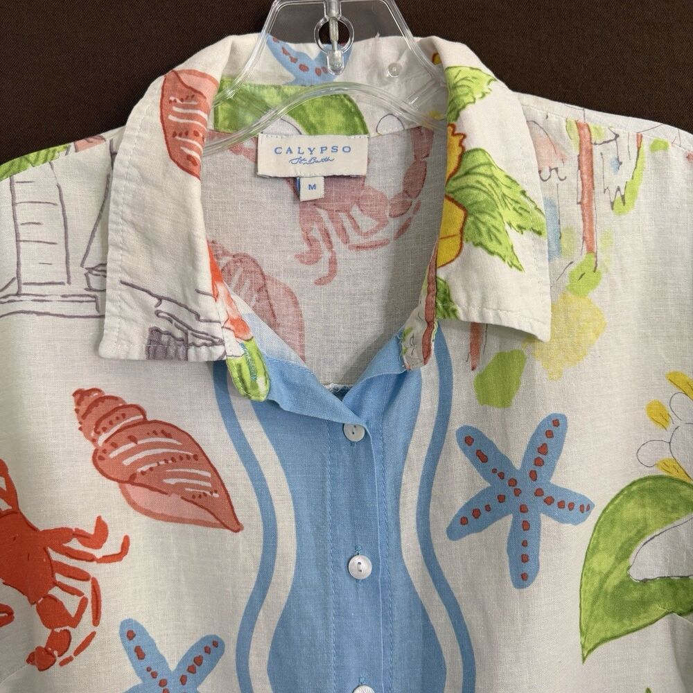 Calypso St. Barth Coastal Seashell Floral Beach Linen Blend Blouse Sz M Top - Picture 2 of 6